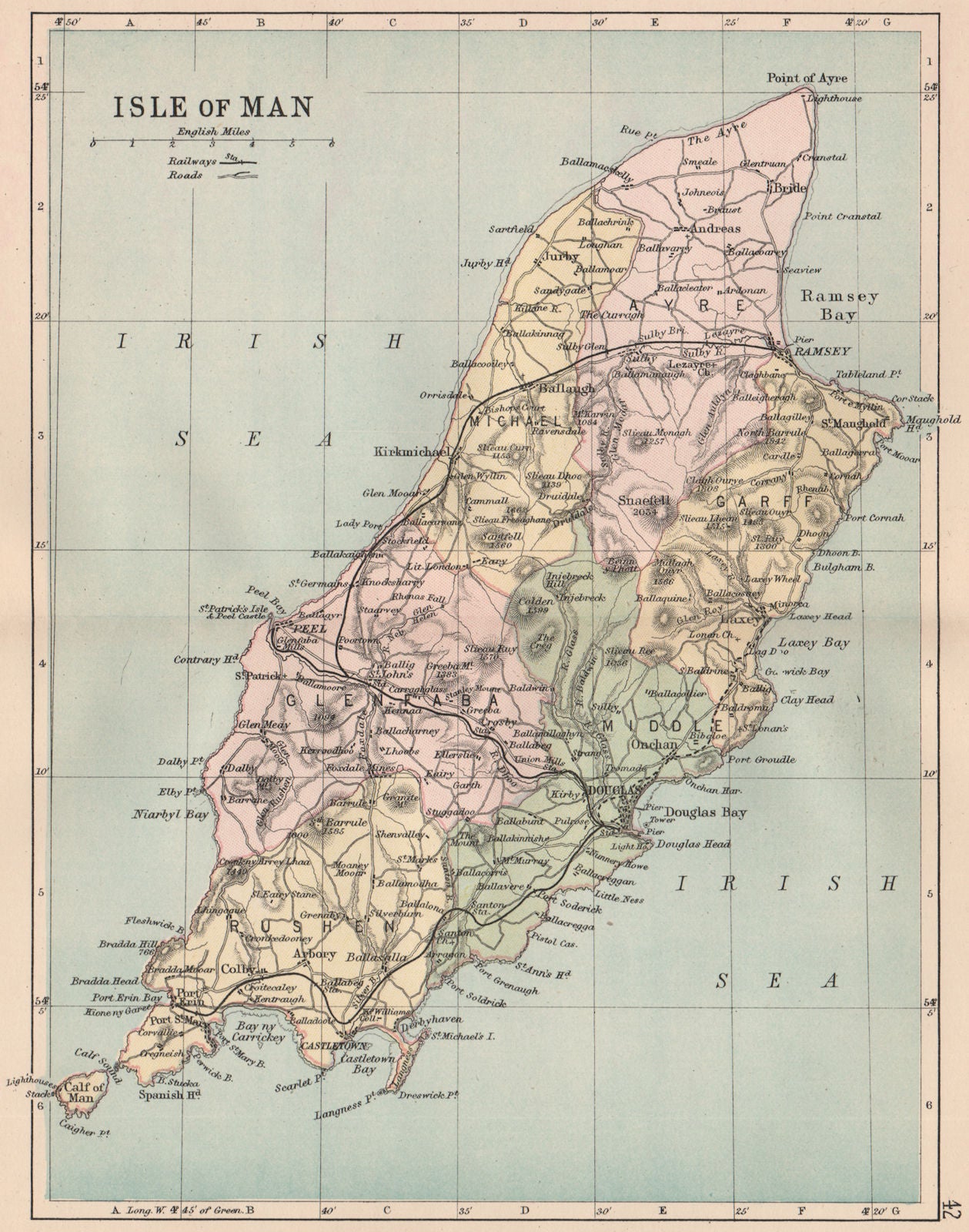 ISLE OF MAN. Antique map showing sheadings. Railways roads. PHILIP 1882